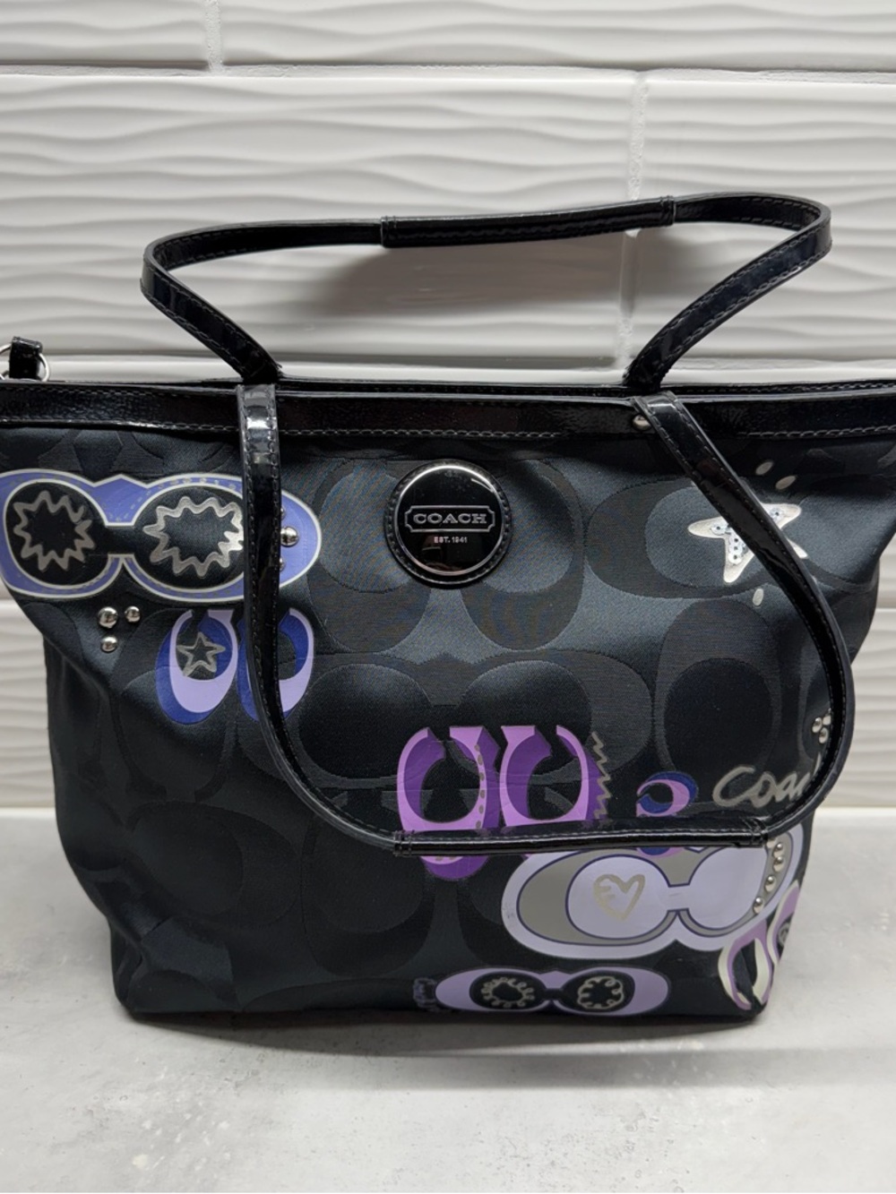 Coach Daisy Pop Signature Optic Vintage Black & Purple and Lilac Graphic Accents